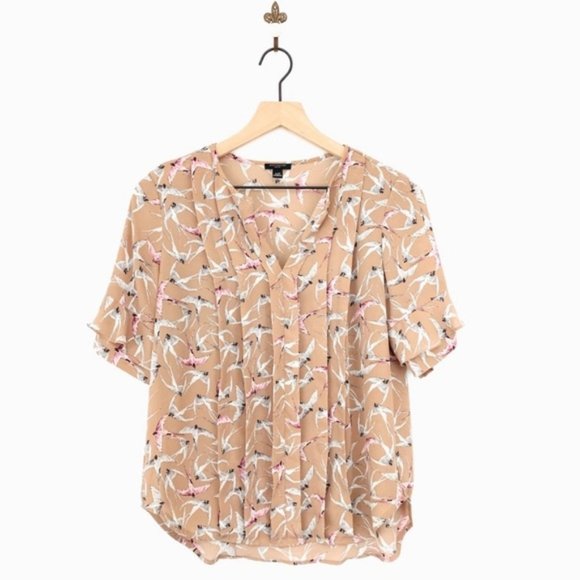 Ann Taylor Tops - Ann Taylor Bird Print Ruffle Sleeve Blouse Pink